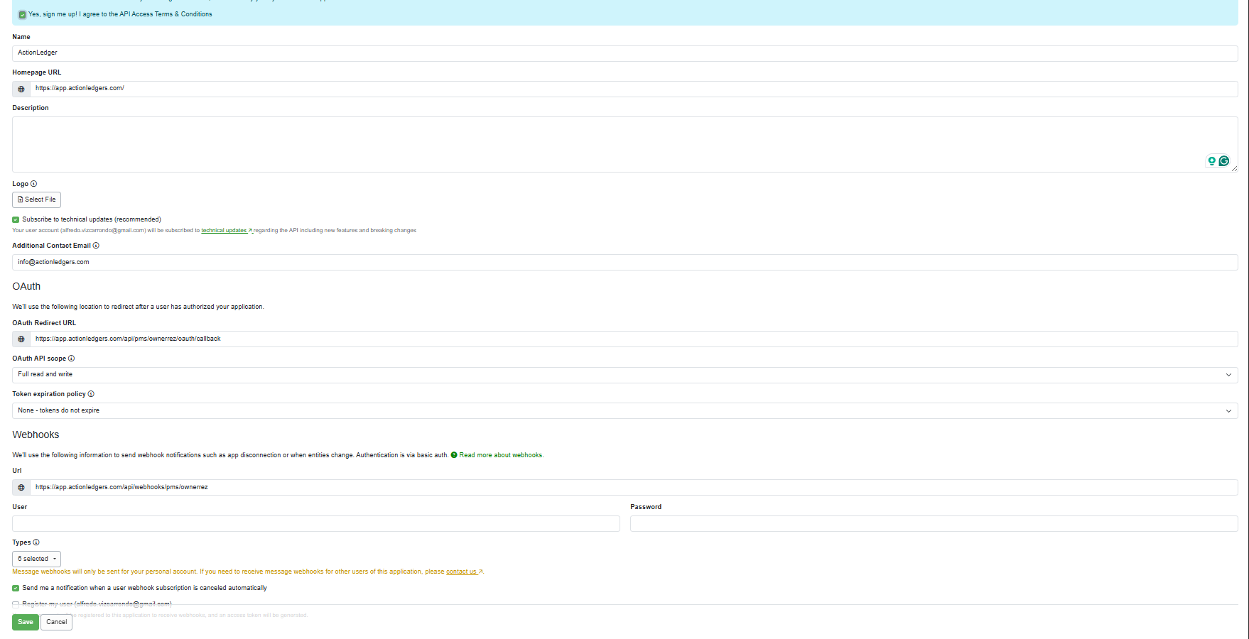 Completed OwnerRez OAuth application form for ActionLedger, including the Webhooks User and Password fields