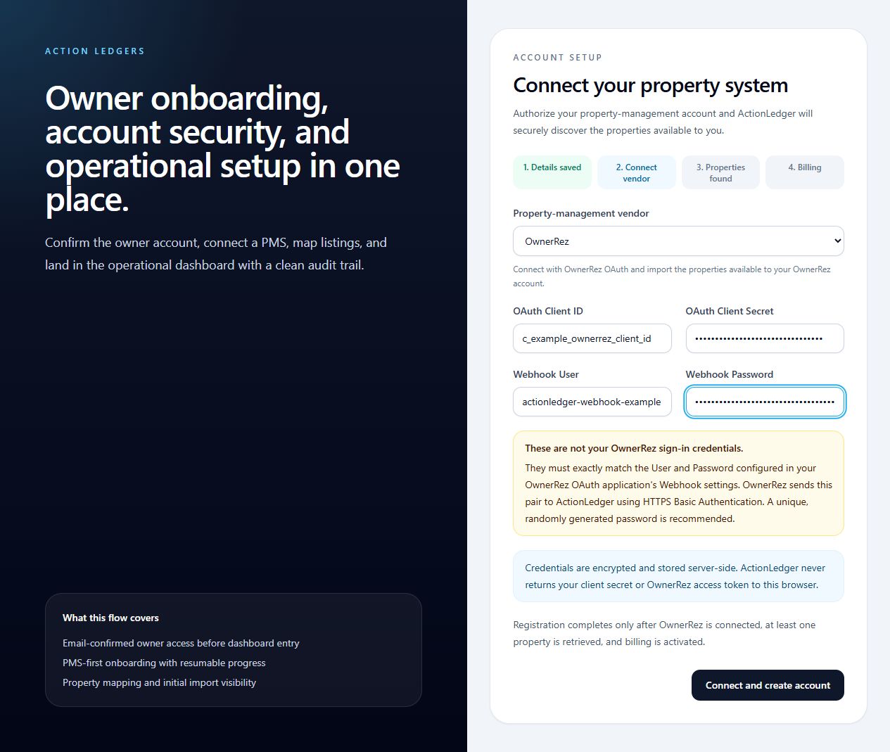 ActionLedger OwnerRez connection form showing OAuth Client ID, OAuth Client Secret, Webhook User, and Webhook Password